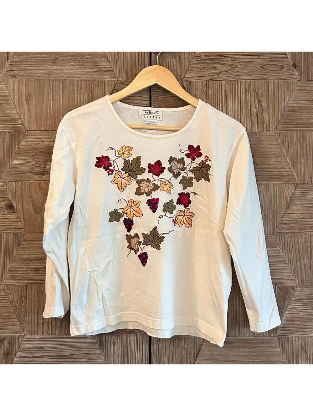 Talbots Ivory Floral Embroidered Long Sleeve Top Womens Size PS Casual Classic